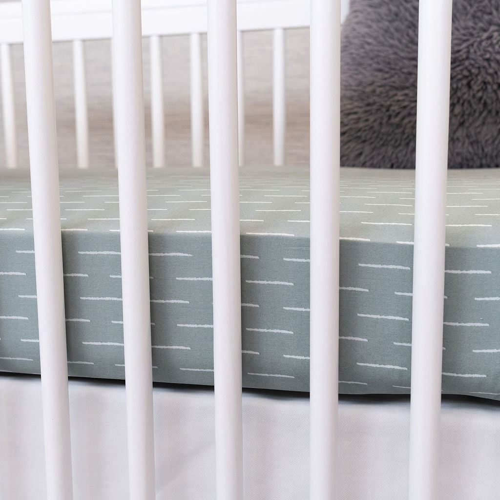 Baby Fingers in Chalk - Fitted Crib Sheet - White Dashes on Slate - Olli+Lime